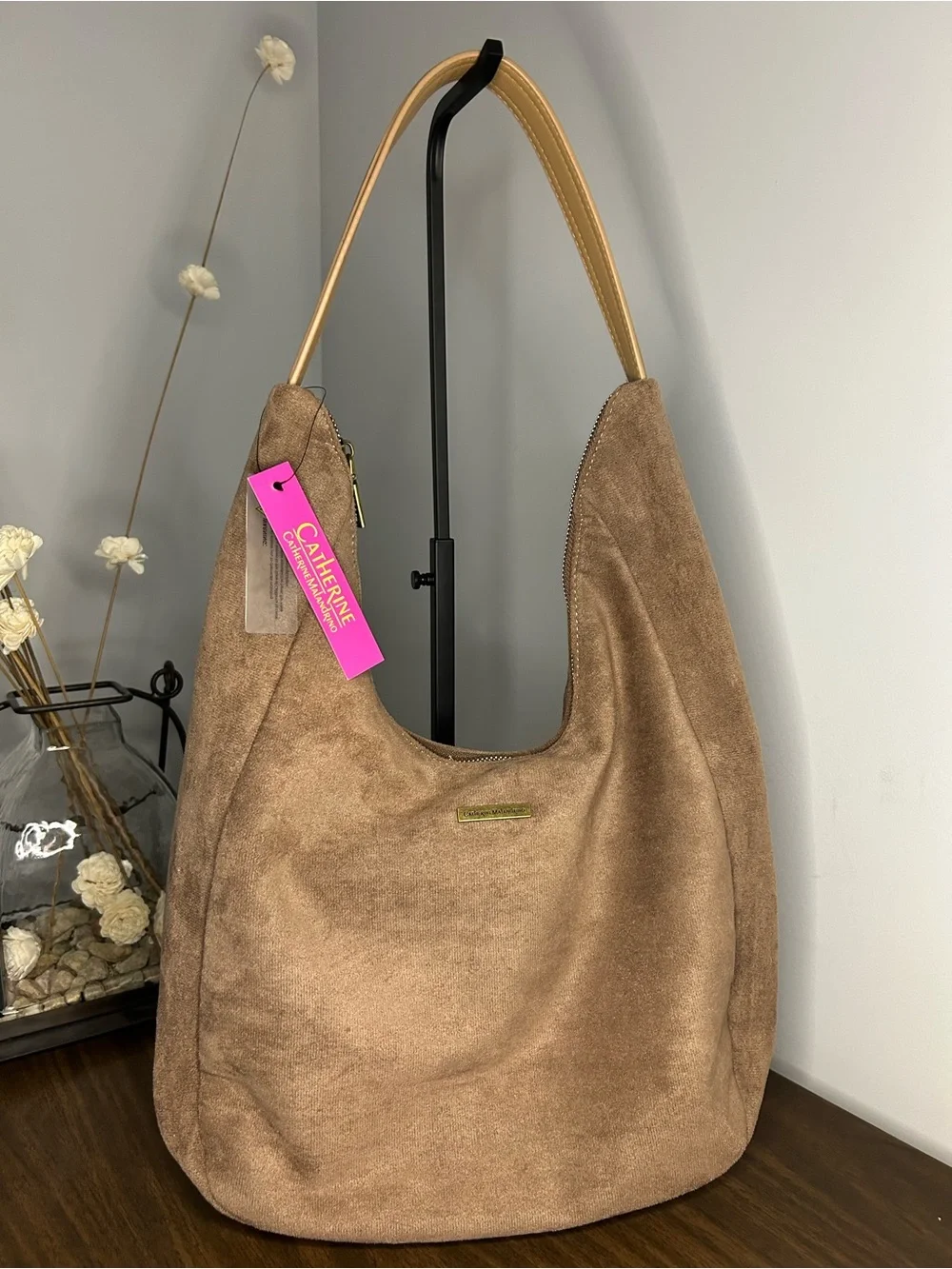 NWT Catherine Malandrino Taupe Suede Hobo Shoulder Bag